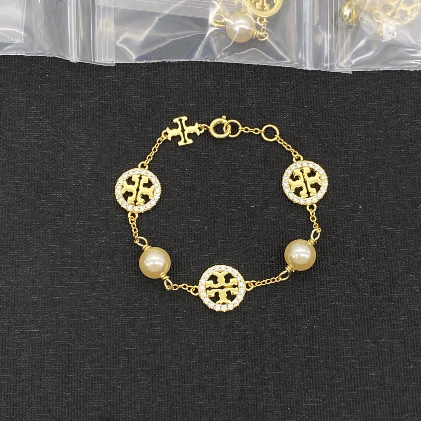 Tory Burch Inspired Crystal & Pearly Delicate Logo Bracelet