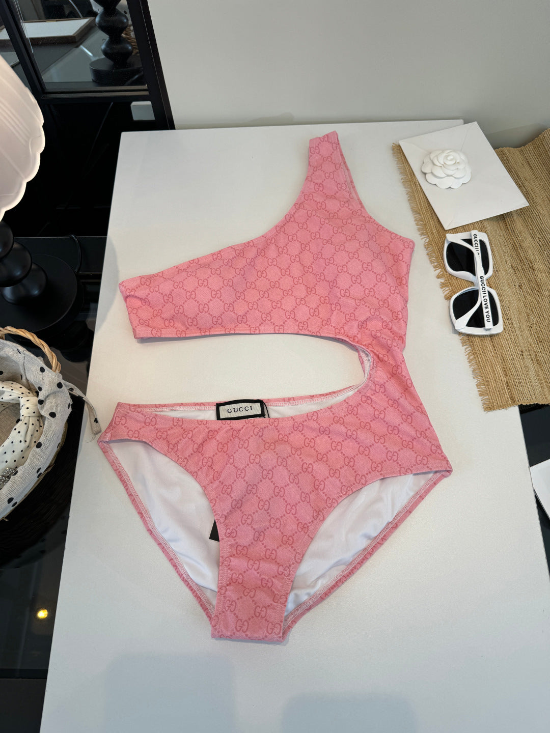 Gucci Inspired GG printed one-shoulder cutout swimsuit