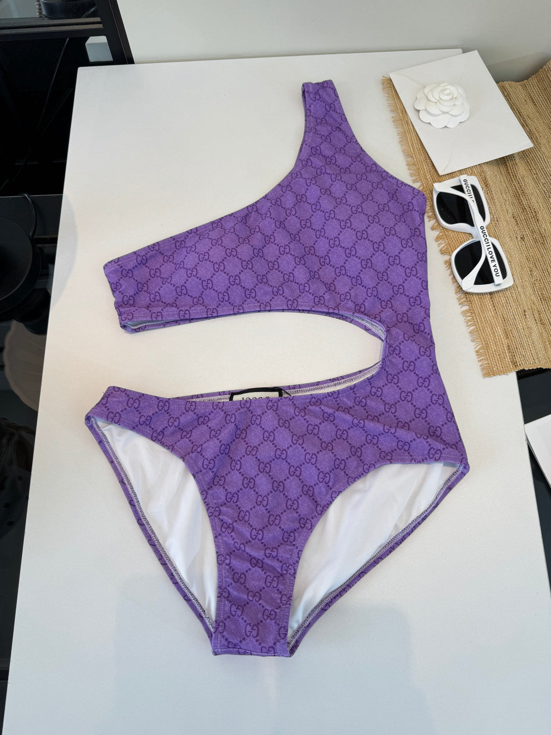 Gucci Inspired GG printed one-shoulder cutout swimsuit