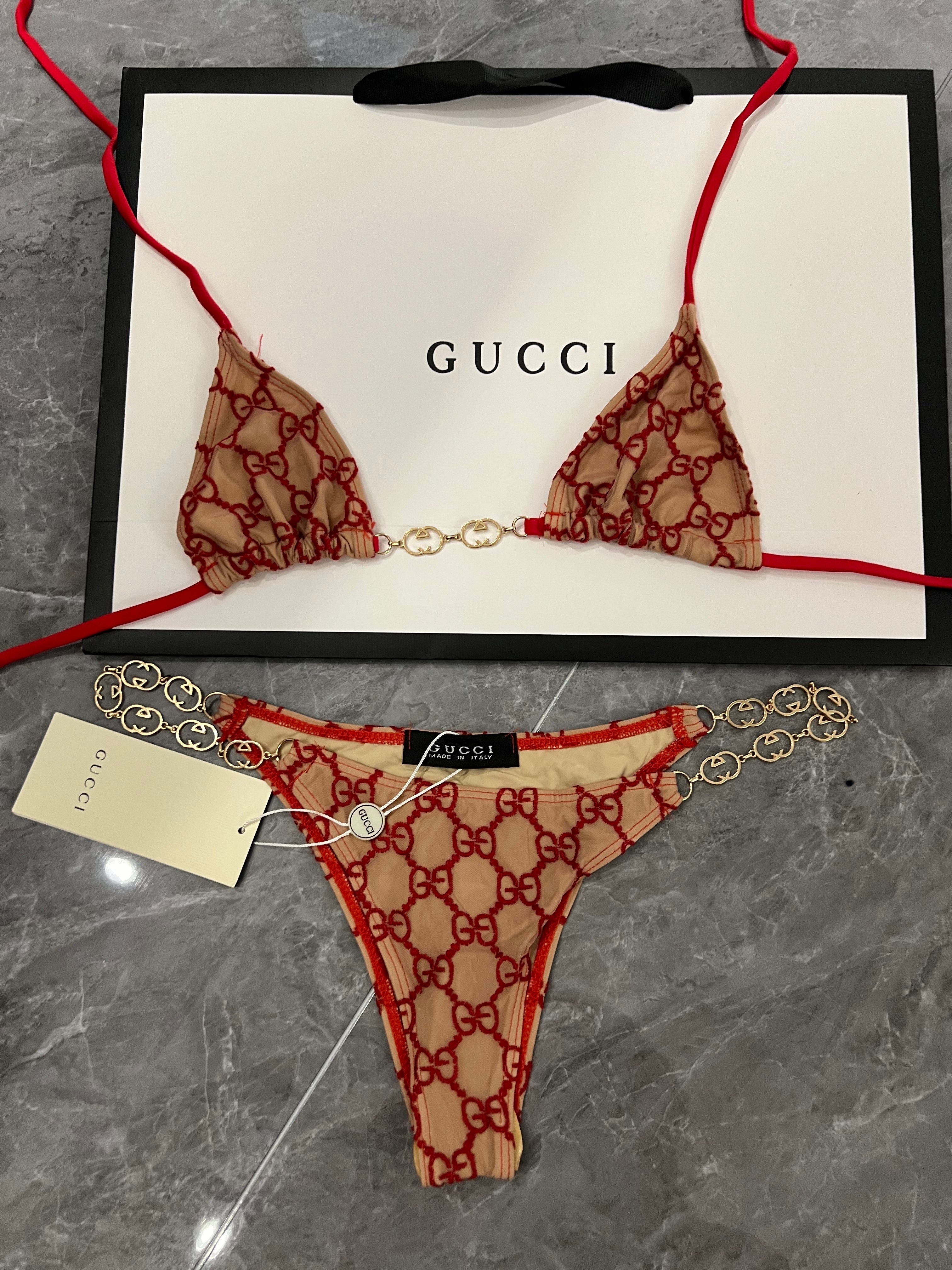 Gucci Inspired beige and red monogram bikini set