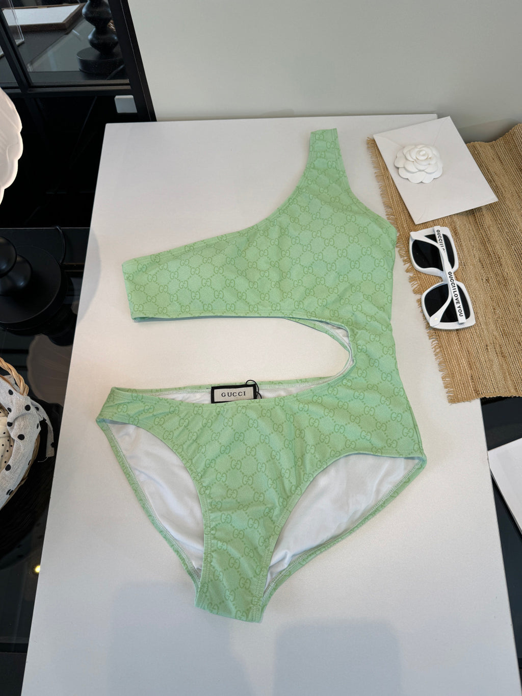 Gucci Inspired GG printed one-shoulder cutout swimsuit