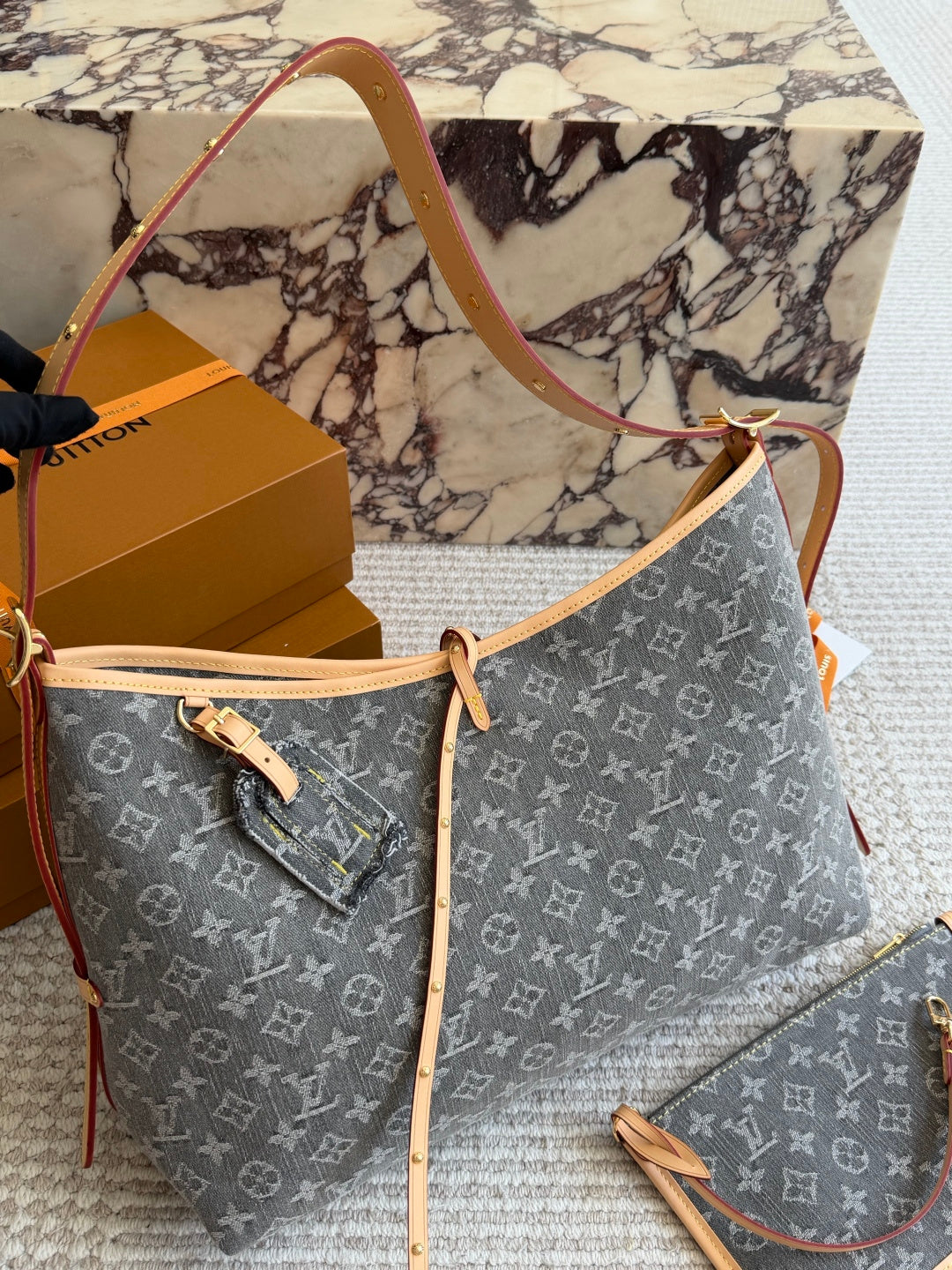 Louis Vuitton Inspired Monogram Denim CarryAll MM in Washed Grey