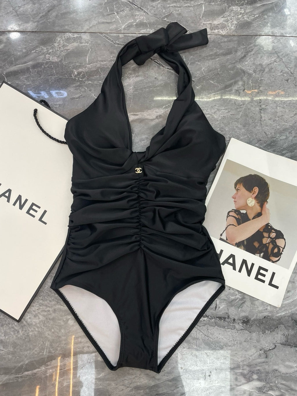 Chanel Inspired black halter neck one-piece swimsuit