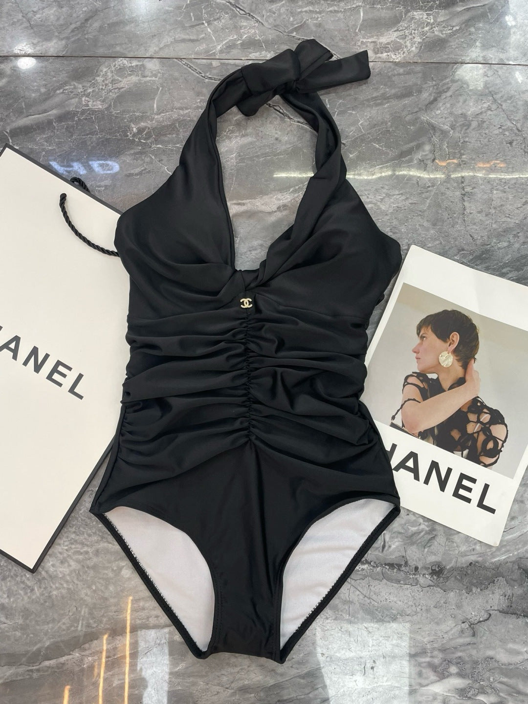 Chanel Inspired black halter neck one-piece swimsuit