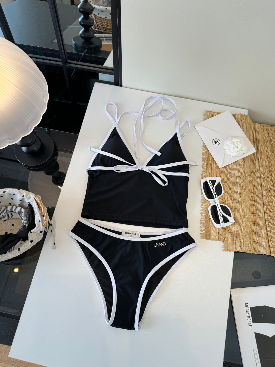 Chanel Inspired black and white contrast trim tankini swimsuit