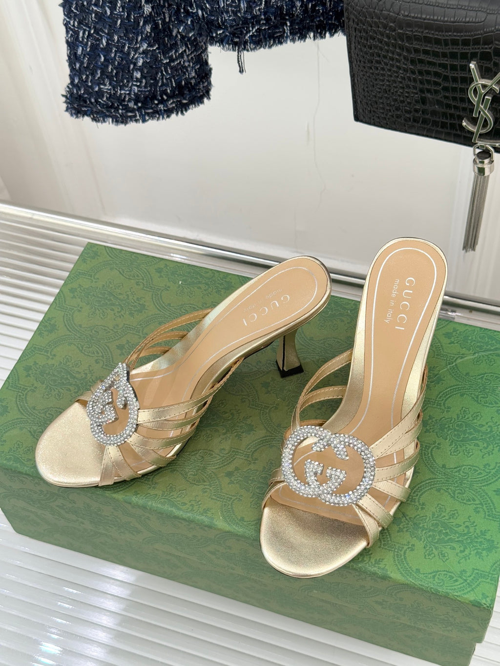 Gucci Gold Crystal GG 85 Sandals
