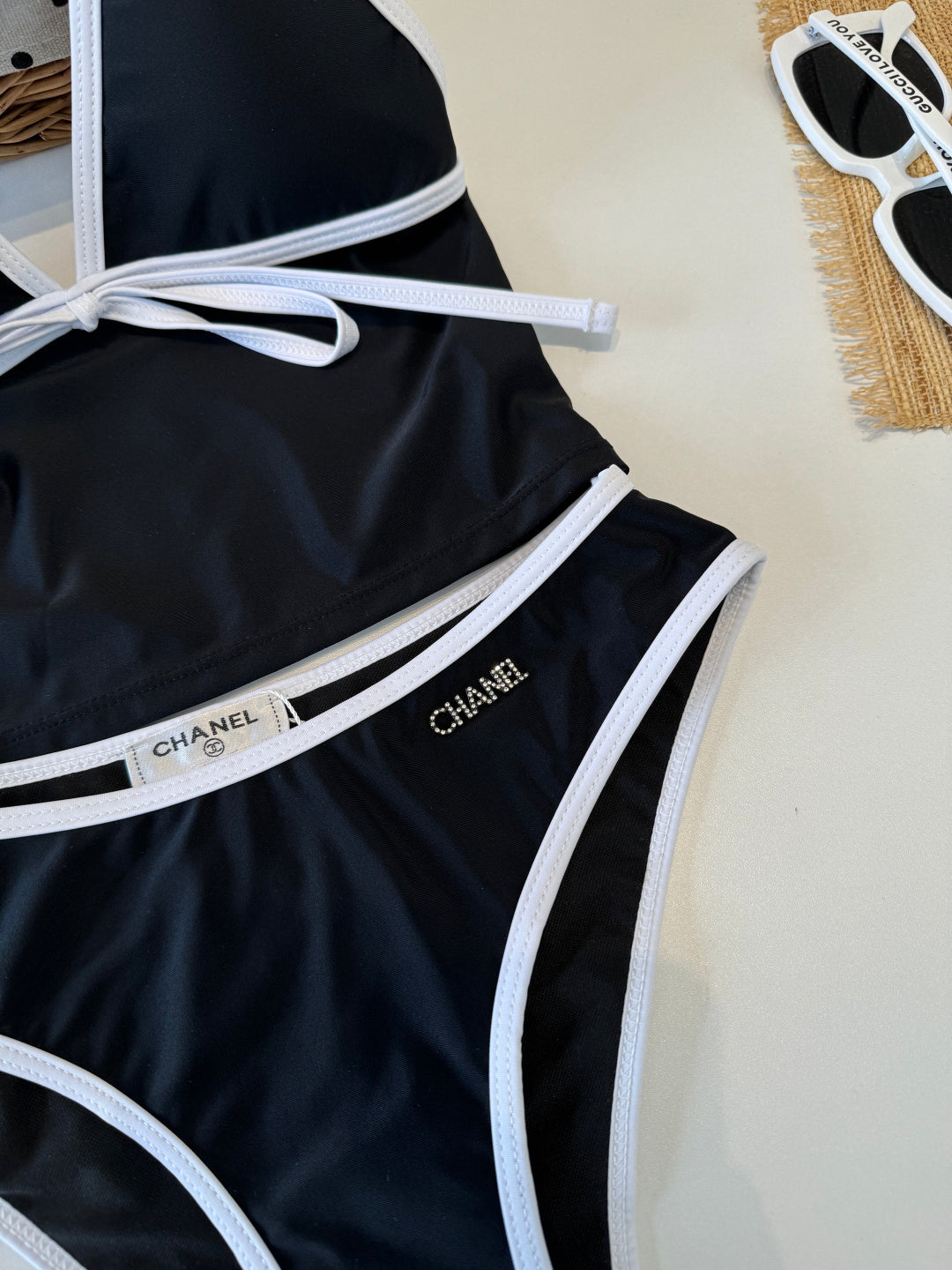 Chanel Inspired black and white contrast trim tankini swimsuit